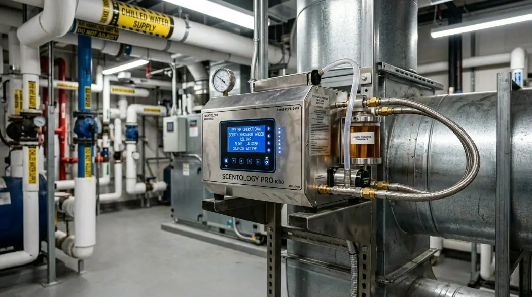A high-tech commercial HVAC scent air machine installed next to a modern ventilation system in a luxury hotel mechanical room, hyper-realistic, 8k.