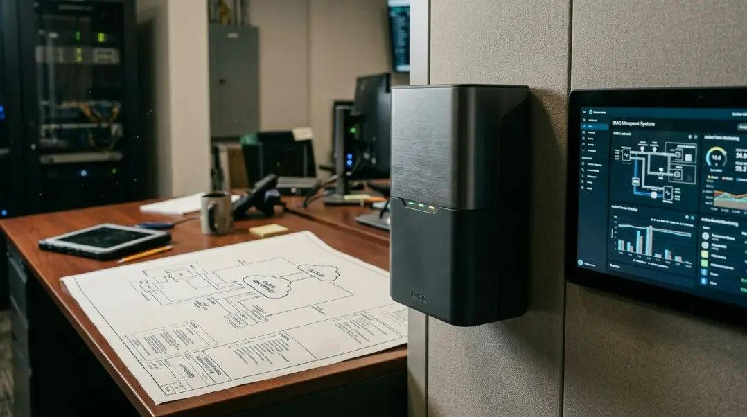 Diagram showing a proprietary IoT-enabled scent air machine connecting to a building management system via cloud, professional blueprint style.